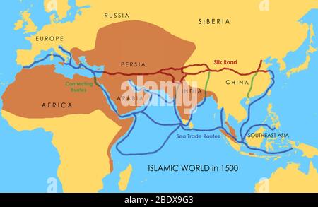 A map showing a network of medieval trade routes, including the Silk Road (connecting East and West between the 2nd century BCE and the 18th century) and various sea trade routes. The areas in darker yellow indicate the extent of the Islamic world in 1500. Stock Photo
