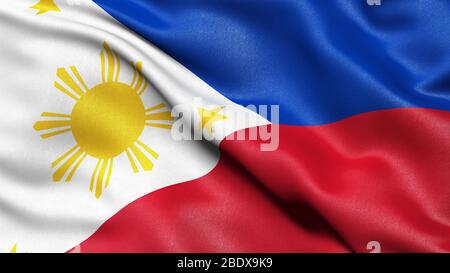 A 3D illustration of waving flag of Philippines with a chrome flag pole ...