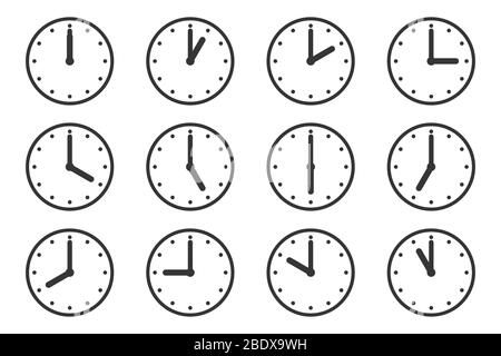Set of watches with different times. Clock icon isolated. Vector illustration. Clock vector icons Stock Vector