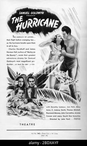 DOROTHY LAMOUR JON HALL C. AUBREY SMITH and MARY ASTOR  in THE HURRICANE 1937 director JOHN FORD  novel Charles Nordhoff and James Norman Hall special effects James Basevi The Samuel Goldwyn Company / United Artists Stock Photo