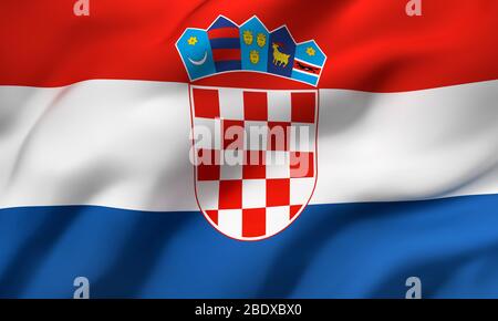 Flag of Croatia blowing in the wind. Full page Croatian flying flag. 3D illustration. Stock Photo