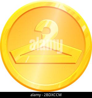 Icon hanger gold coin symbol for clothes. Interior sign. Hangers silhouette. Shop, storefront. Clothing logo isolated on white background. Metal clothe Graphic element. Stock Vector