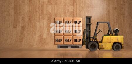 forklift with wooden boxes and the word HELP in front of wooden background - 3D rendered illustration Stock Photo