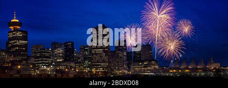 Fireworks over Vancouver Cityscape Stock Photo