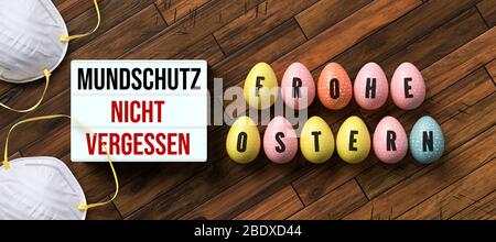 easter eggs with German message for HAPPY EASTER and lightbox with German message DON'T FORGET THE FACE MASK on wooden background Stock Photo