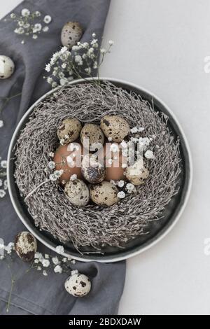 Vertical image of easter table styling with scandinavian style tableware, artificial nest and chicken over light gray background Stock Photo