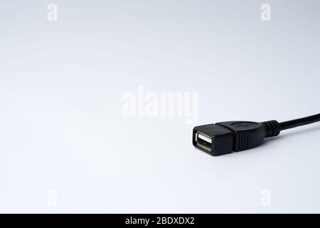 Close-up of black USB Type-A Female cable plug isolated on white background with copy space. Stock Photo