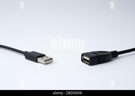 Close-up of black USB Type-A Male and Female cable plug against each other isolated on white background with copy space. Stock Photo