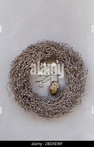 Easter concept. Quail egg and gypsophila in a nest over light gray background Stock Photo