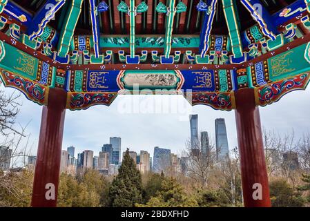 Buildings in Beijing central business district seen from Ritan Park - Temple of the Sun Park in Jianguomen area of Chaoyang District, Beijing, China Stock Photo