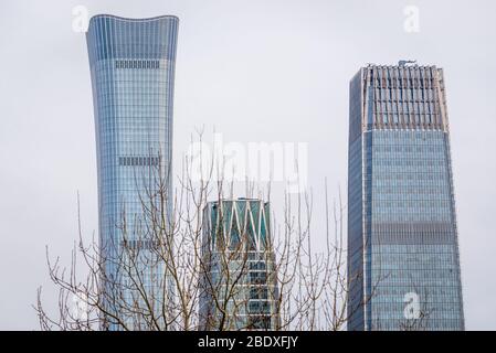 Modern buildings in Beijing central business district seen from Ritan Park - Temple of the Sun Park in Jianguomen area of Chaoyang District, Beijing, Stock Photo