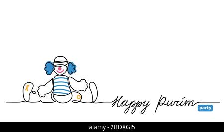 Happy purim simple vector web banner with clown. One continuous line drawing, background, illustration with lettering Stock Vector