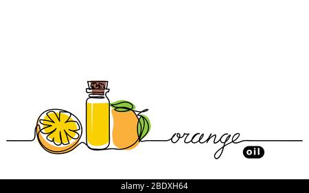 Orange, citrus oil in bottle. Simple vector banner. One continuous line drawing, background, illustration with lettering Stock Vector