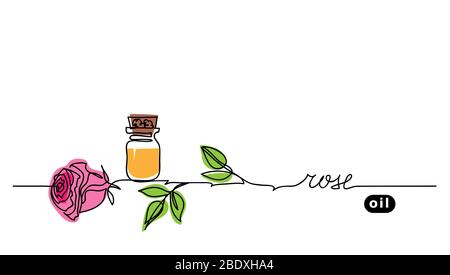 Rose oil in bottle. Simple vector banner. One continuous line drawing, background, illustration with lettering Stock Vector