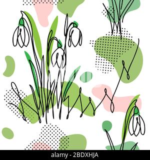 Spring flowers snowdrops modern vector pattern in memphis style. Stock Vector