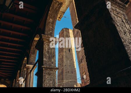 Famous Two Towers in Bologna, capital and largest city of the Emilia Romagna region in Northern Italy Stock Photo