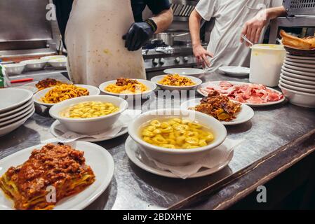 Italian food in restaurant in Bologna, capital and largest city of the Emilia Romagna region in Northern Italy Stock Photo