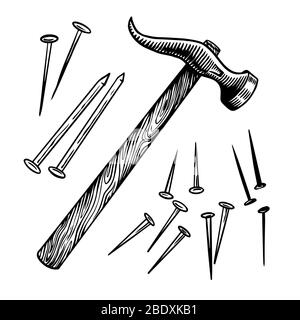 Claw hammer and nails for repair work. Universal Tool or instrument. Vintage label. Hand drawn engraved sketch for T-shirt, logo or badges. Stock Vector