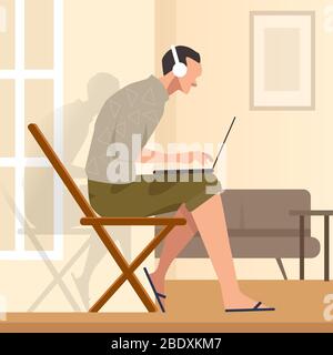 Working from home sitting in chair while looking at the laptop screen and listening to headphones Stock Vector