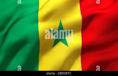 Flag of Senegal blowing in the wind. Full page Senegalese flying flag. 3D illustration. Stock Photo