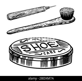 Shoe cream and brush for cleaning the soles. Vintage label. Hand drawn engraved sketch for T-shirt, logo or badges. Stock Vector