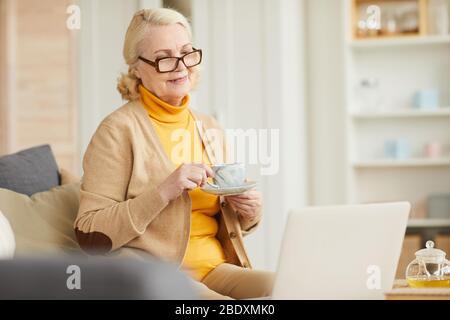 Smiling mature woman in eyeglasses enjoying the cup of tea and relaxing on sofa at home Stock Photo