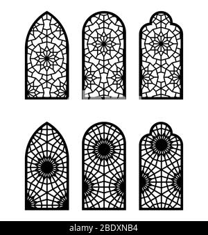 Moroccan arch window or door set. Cnc pattern, laser cutting, vector template set for wall decor, stencil, engraving in moroccan style Stock Vector