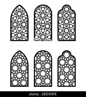 Arabesque arch window or door set. Cnc pattern, laser cutting, vector template set for wall decor, stencil, engraving. Arabesque faux window, arch Stock Vector