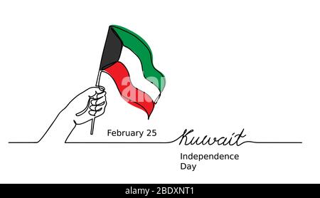 Kuwait Independence Day vector background with hand, flag and lettering. One continuous line drawing background of Kuwaitian flag. Stock Vector