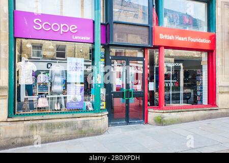 UNITED KINGDOM, LANCASTER - 9TH APRIL 2020 Exterior of Scope and BHF shop shop during lockdown for Covid 19 virus Stock Photo