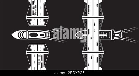 Cruise ship and a tanker pass under bridges – vector illustration Stock Vector