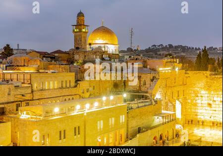The Temple Mount - Western Wall and the golden Dome of the Rock mosque in the old city of Jerusalem, Israel Stock Photo