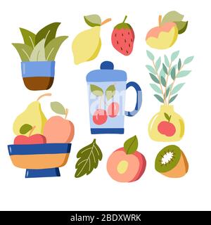 Vector set of fruits, vases, leaves on a white background. For the design of wallpaper, wrapping paper, prints for textiles, curtains, kitchen towels Stock Vector