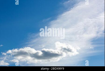 Plane shaped white cloud on blue sky with white tail , Finland Stock Photo