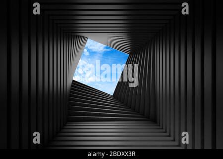 Abstract black twisted tunnel interior with blue sky outside, parametric geometric background. 3d rendering illustration Stock Photo