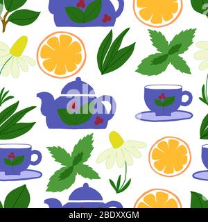 Seamless vector pattern on a white background of a cup, teapot, tea leaves, mint and chamomile. For wallpaper, desing packaging, texstile, wrapping Stock Vector