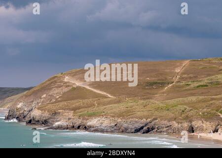 The dunes behind the south end of Perran Beach at hide tide - Perran Beach, Perranporth, north Cornwall, UK. Stock Photo