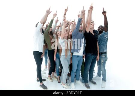 group of diverse young people pointing upwards Stock Photo