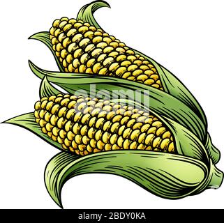 Sweet Corn Ear Maize Woodcut Etching Illustration Stock Vector