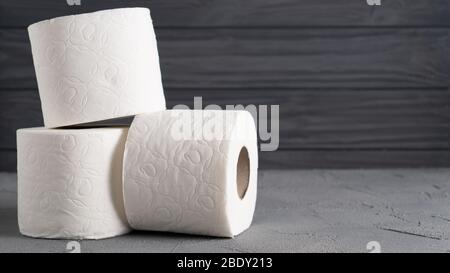 Rolls of toilet paper isolated on gray background. Pile of toilet papers with text for your text. Stock Photo