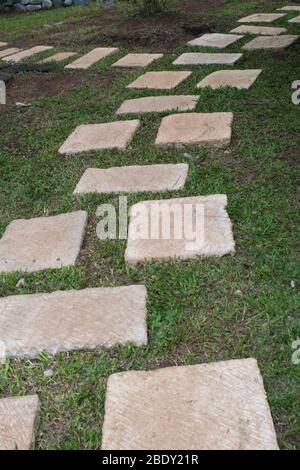 Walkway on the garden with a square stone pattern laid on the ground. Stock Photo