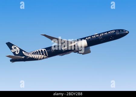 Frankfurt, Germany – April 7, 2020: Air New Zealand Boeing 777-300ER airplane at Frankfurt airport (FRA) in Germany. Boeing is an American aircraft ma Stock Photo