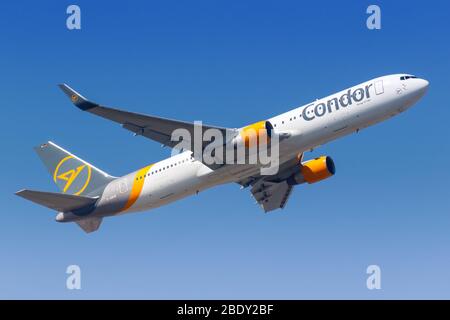 Frankfurt, Germany – April 7, 2020: Condor Boeing 767-300ER airplane at Frankfurt airport (FRA) in Germany. Boeing is an American aircraft manufacture Stock Photo