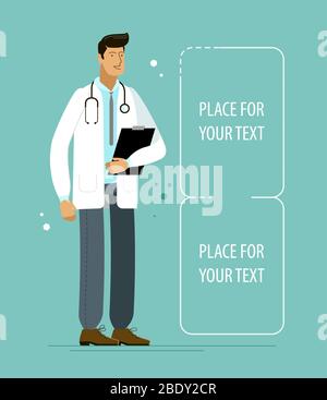 Happy doctor in medical white coat. Hospital vector illustration Stock Vector
