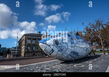 Famous fish statue in Belfast, Northern Ireland, UK Stock Photo