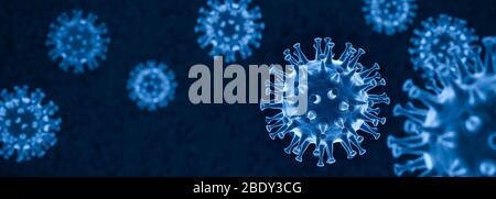 3D render: Corona virus - Schematic image of viruses of the Corona family in blue color. Selective focus Stock Photo