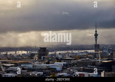 Auckland, New Zealand - Jul 03, 2017: A general view of Auckland and the Sky Tower from Mount Eden looking towards Waitemata Harbour and North Shore a Stock Photo