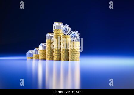 3d render: Concept: decline of housing prices because of the corona crisis. Rising stacks of coins topped with houses made from acrylic glass. Falling Stock Photo