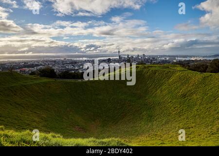 Auckland, New Zealand - Jul 03, 2017: A general view of Auckland and the Sky Tower from Mount Eden Stock Photo