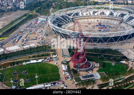 Aerial view of Queen Elizabeth Stadium and ArcelorMittal Orbit. Post Olympic redevelopment to  a multi-purpose stadium for West Ham United and sports. Stock Photo